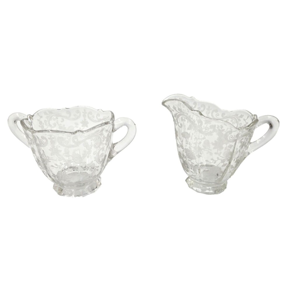 Vintage Cambridge Glass Chantilly Etched Creamer And Sugar Elegant Glassware